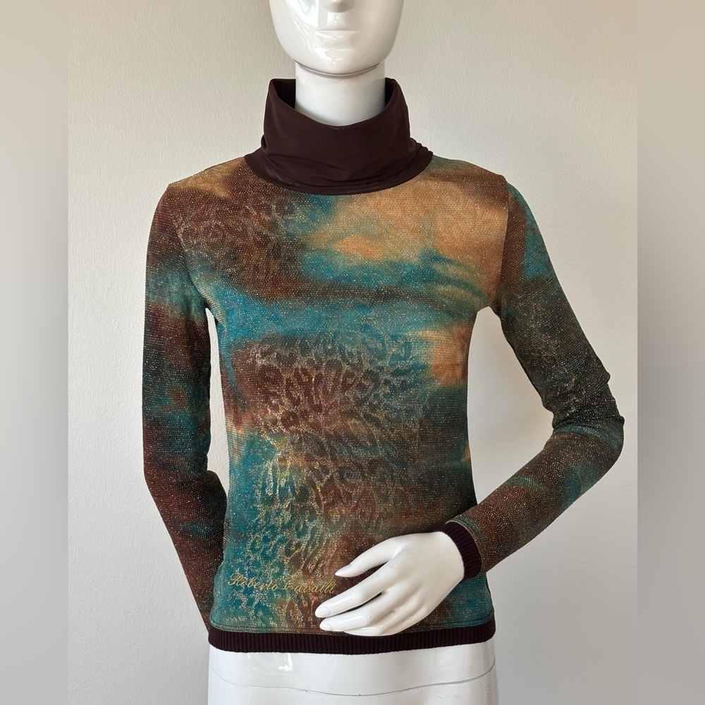 Roberto Cavalli Vintage Lurex Turtleneck Top – Metallic Floral Stretch Mesh - Picture 3 of 7